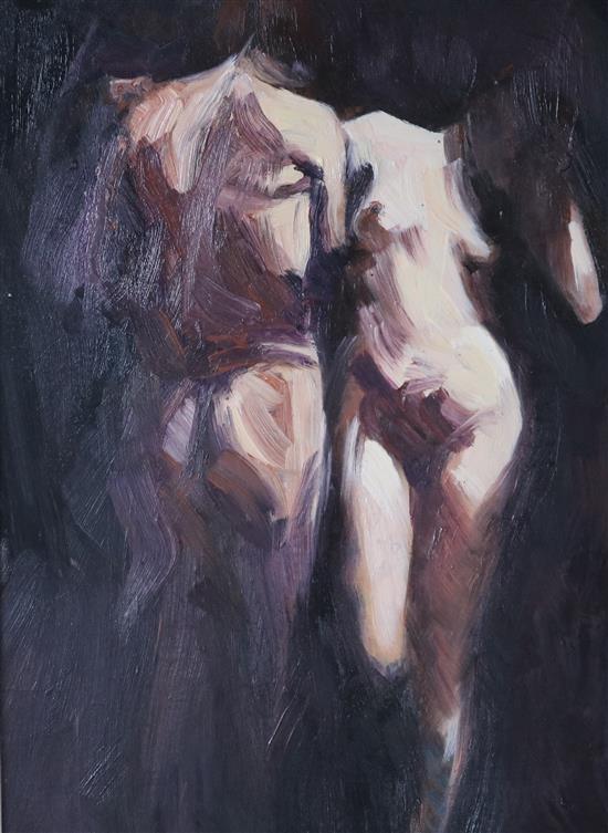 Modernist English School, Lovers oil on cardboard, unsigned 32 x 24cm.